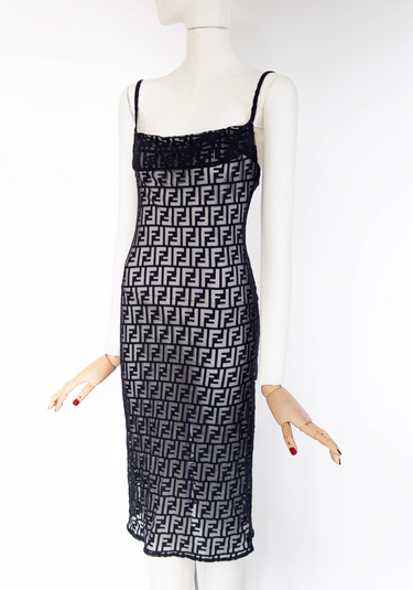 Fendi midi dress in black  sheer with FF monogram - angled view