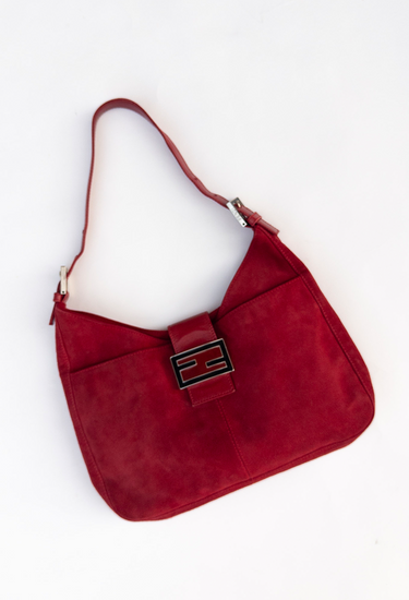 Fendi mamma bag in red suede with FF buckle, 2000s - angled view
