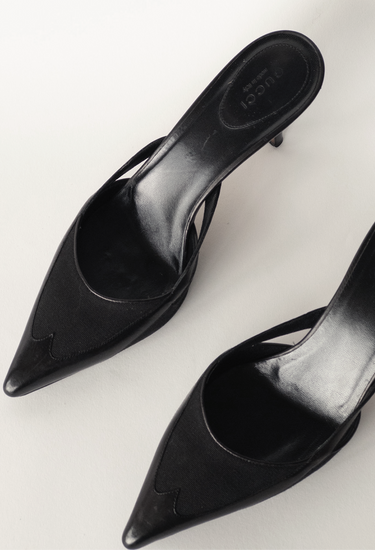 Gucci vintage cutout western mules in black canvas + leather - angled view