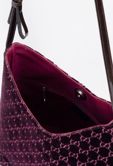 Gucci x Tom Ford bag in deep plum velvet with tonal monogram embroidery and leather strap and silver-tone hardware, 1997 - open view