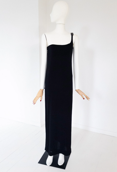 Gucci x Tom Ford one shoulder dress in black with black crystal-encrusted ‘G’ hardware strap, 1998 -  worn/try-on view