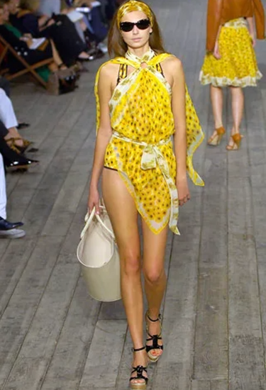 Hermes Jean Paul Gaultier era scarf top in sunflower motif silk with a ring at the neckline, 2007 - worn/try-on view