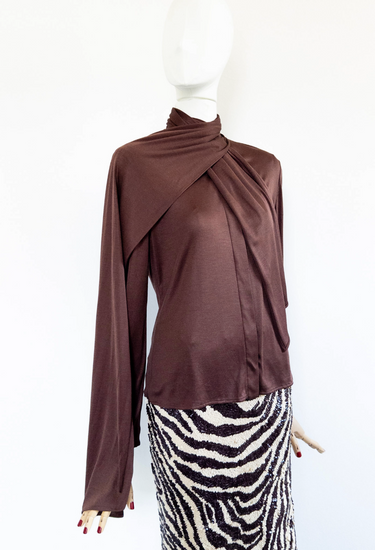 Hermès Margiela Era vintage scarf shirt in brown silk - worn/try-on view