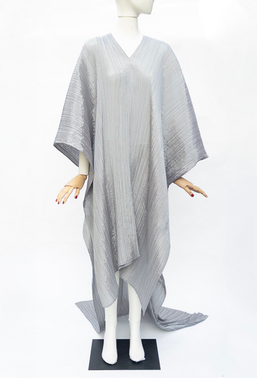 Issey Miyake vintage kaftan dress in silver metallic silver polyester fabric - worn/try-on view