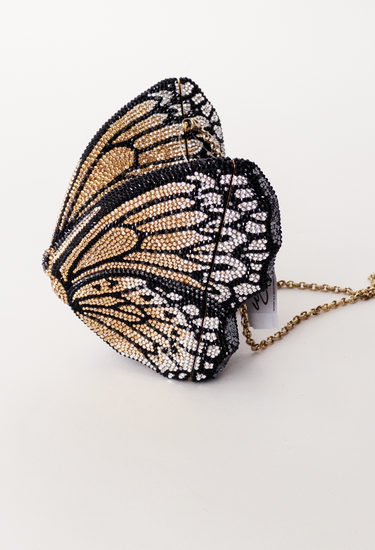 Judith Leiber Couture Butterfly Monarch Clutch Bag in gold, champagne, and jet black handset crystals - side profile