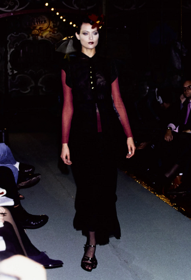 Jean Paul Gaultier Soleil ruffle skirt in black mesh, 1995 - worn/try-on view