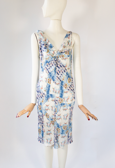 John Galliano midi dress in multicoloured floral pattern in satin fabric, 2004 - worn/try-on view