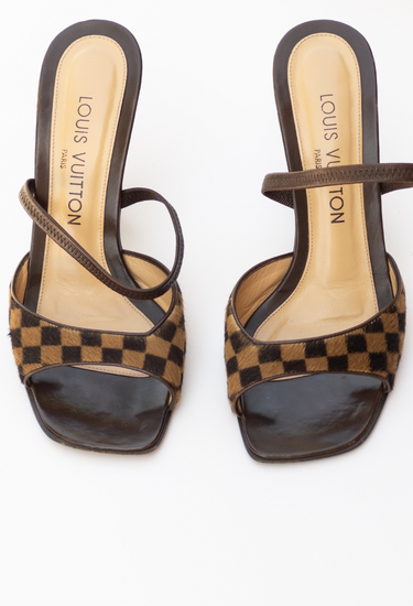 Louis Vuitton Damier mules in checkerboard pony hair leather - front view