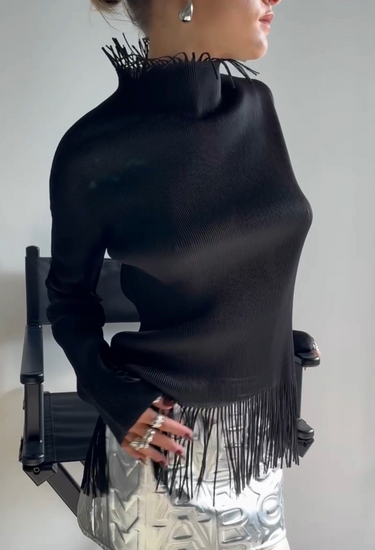 Pleats Please fringe top in black lightweight pleated fabric - worn/try-on view