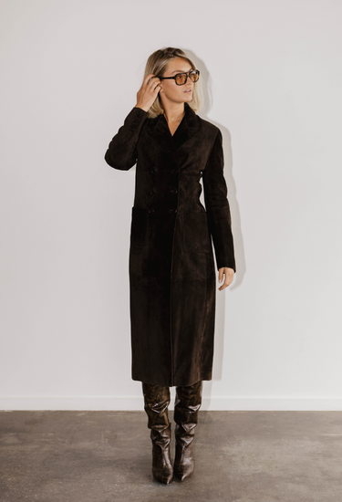Prada vintage coat in brown suede - worn/try-on view