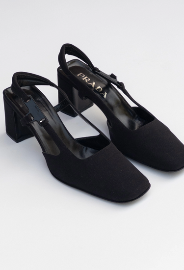 Prada Vintage technical slingback heels in black fabric - angled view