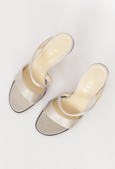 Prada vintage heels in metallic soft silver silk - angled view