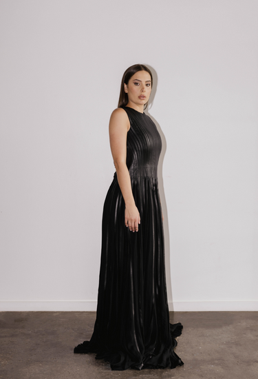 Ralph Lauren purple label pleated gown in black leather, 2013 - side view