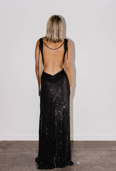 Roberto Cavalli maxi gown in black silk embellished with black sequins, 2007 - back view
