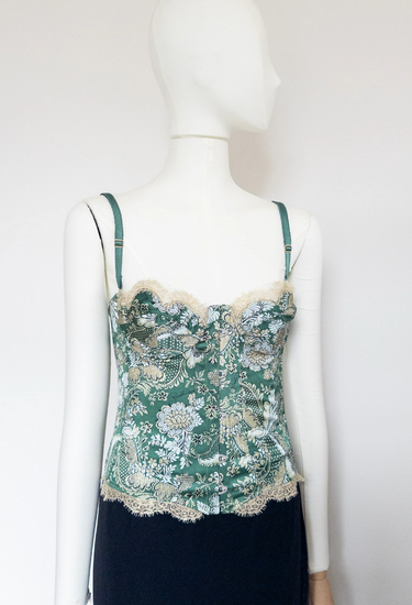 Roberto Cavalli underwear bustier in green with gold rope lace up, 2001 - worn/try on view