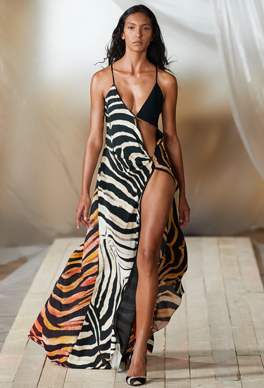 Roberto Cavalli gown in asymmetric cutout tiger fabric, S/S 2022 - worn/try-on view