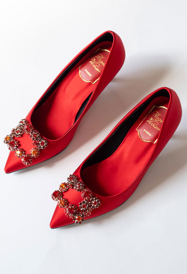 Roger Vivier efflorescence pumps in red satin with brand's signature crystal-embellished buckle - angled view