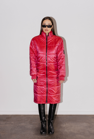 Chanel sport vintage puffer coat in berry-toned silk - worn/try-on view
